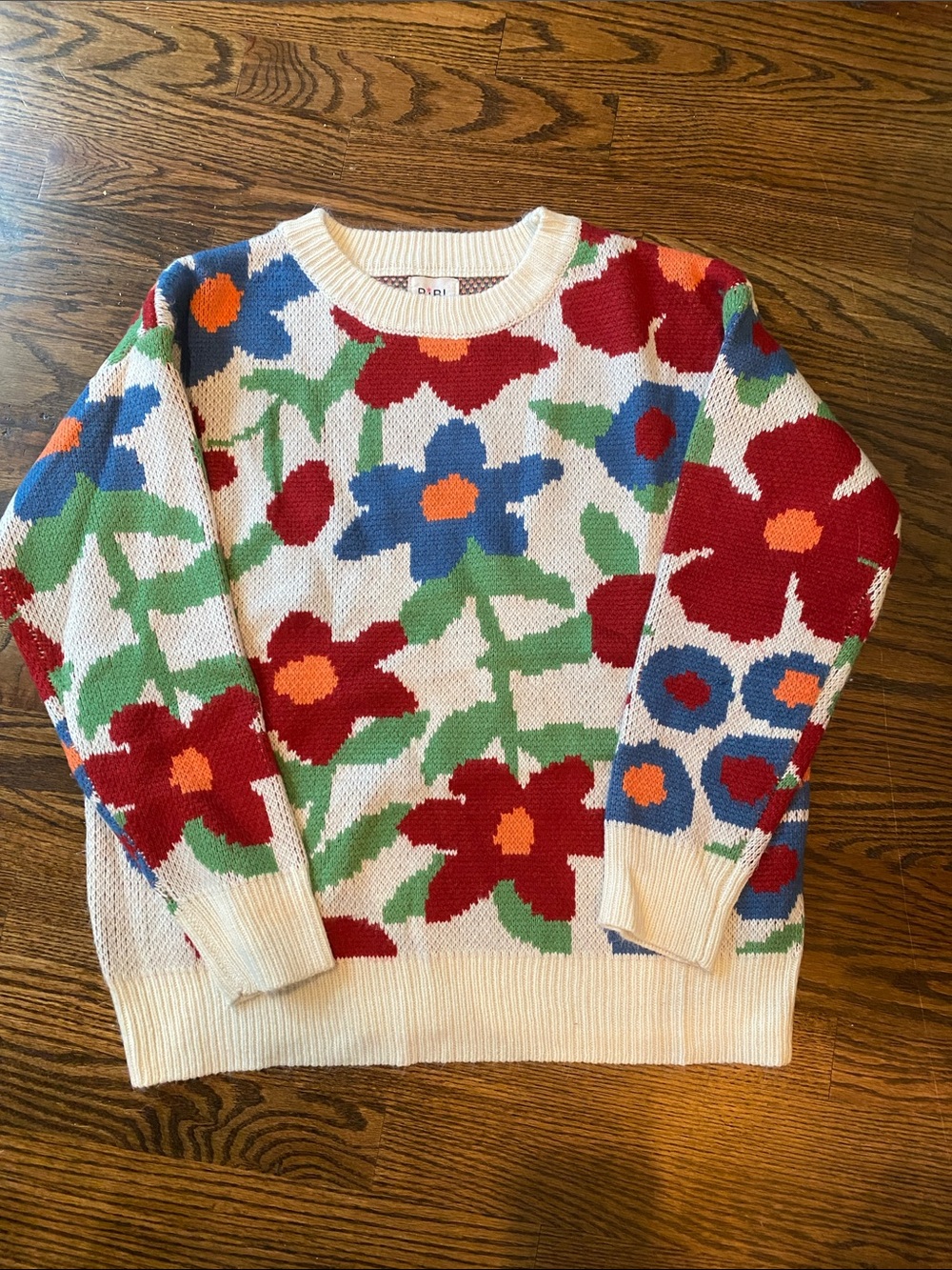 Flower Power BiBi Crewneck Sweater in Cream, Red & Blue size Small